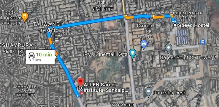 Distance from Speed Hostel to Allen Career Institute